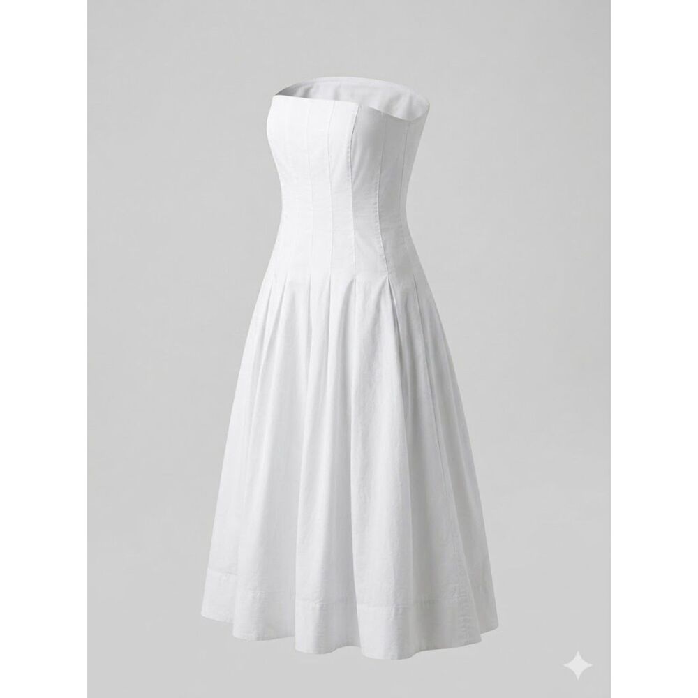 Rachel Zoe White Cotton Strapless Midi Dress L Smocked Back Pleated Lined Bridal
